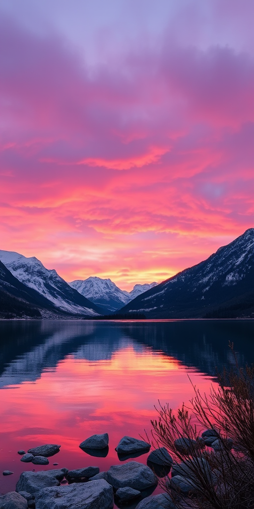 capture a stunning sunset over a serene lake with snow-capped mountains in the background, reflections on the water, vibrant pink and purple hues in the sky, using a Canon EOS R5, 24mm lens, f/11, ISO 100, 1/30 sec, tripod mounted, long exposure to enhance colors and details