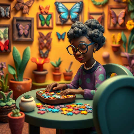 A vibrant and whimsical illustration of an african american woman sitting at a table working on a colorful jigsaw puzzle. she is wearing round glasses, and patterned clothing in shades of purple and green.  The background features an eclectic collection of framed butterflies, potted plants, and other natural elements, creating a warm and inviting atmosphere. The style is playful and modern, with rich textures, intricate details, and a lively color palette.