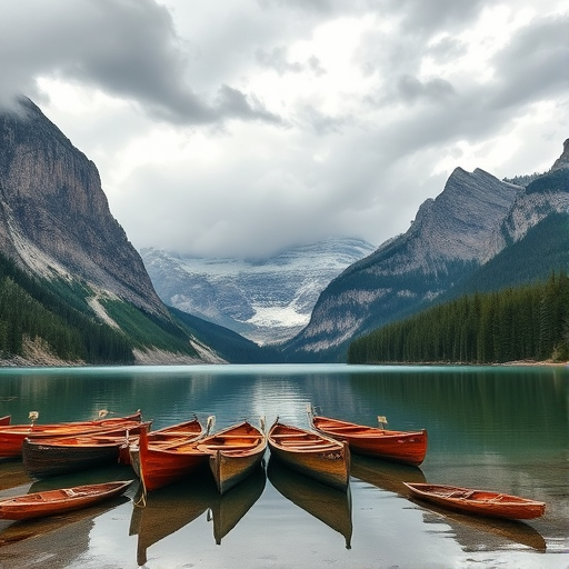 generate an image of a serene mountain lake surrounded by tall mountains and dense forests with wooden boats docked by the shore under a cloudy sky