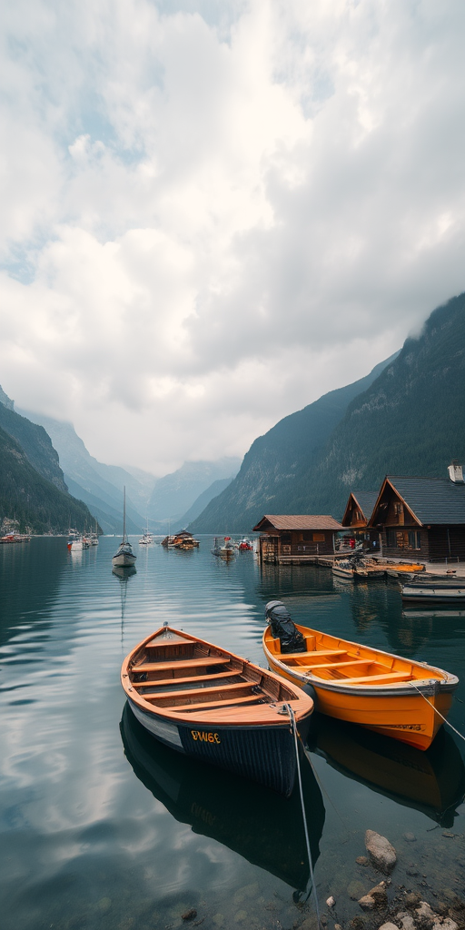 A scenic lakeside view with boats on the water, surrounded by wooden houses and mountains in the background, captured at a high dynamic range, using a DSLR camera at 24mm, f/8, ISO 100, 1/250 sec, wide-angle perspective for enhanced depth.