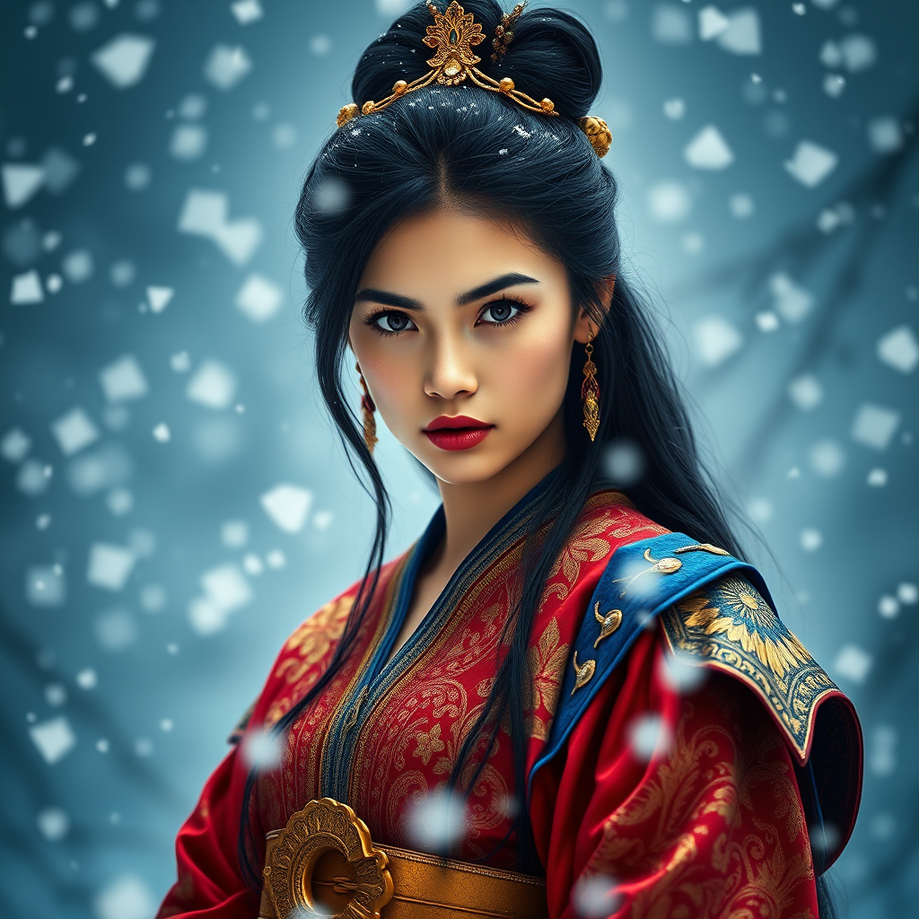 A young woman with long black hair styled in a high bun, adorned with a gold crown and intricate hair ornaments, stares intently at the viewer. She wears a vibrant red and gold embroidered robe with blue accents, a gold belt with a large ornate buckle, and a blue and gold shoulder piece. The woman is positioned in the center of the frame, with the background blurred and filled with falling snow. The image has a soft, ethereal feel with a focus on the woman's face and attire, creating a portrait-like composition. The colors are rich and saturated, with the red, gold, and blue of the clothing standing out against the muted blue and white of the snowy backdrop. The lighting is soft and diffused, casting a warm glow on the woman's face.  The overall mood is elegant and mysterious.  The details of the woman's attire, especially the intricate embroidery and embellishments, add a sense of opulence and grandeur.  The falling snow further enhances the sense of winter magic and wonder.