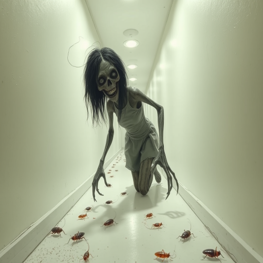 a crooked female with long arms and a creepy smile is crawling along a long white corridor and you can also see cockroaches in it there is a creepy atmosphere creepy art style