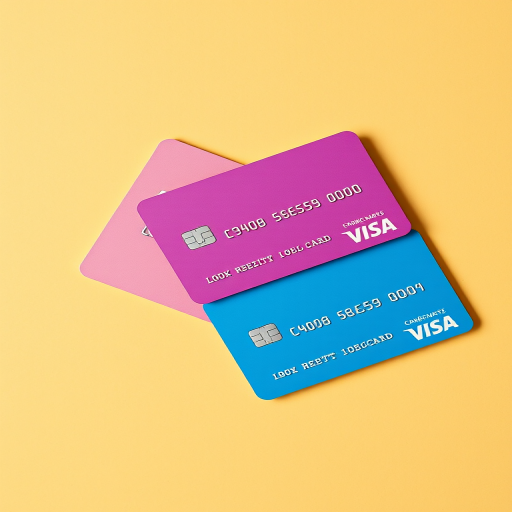 Create a high-resolution image of three credit cards in different colors (pink, purple, blue) lying flat on a soft yellow background, captured with a Canon EOS R5, 50mm lens, f/1.8 aperture, ISO 100, with soft diffused lighting to enhance shadows and details.