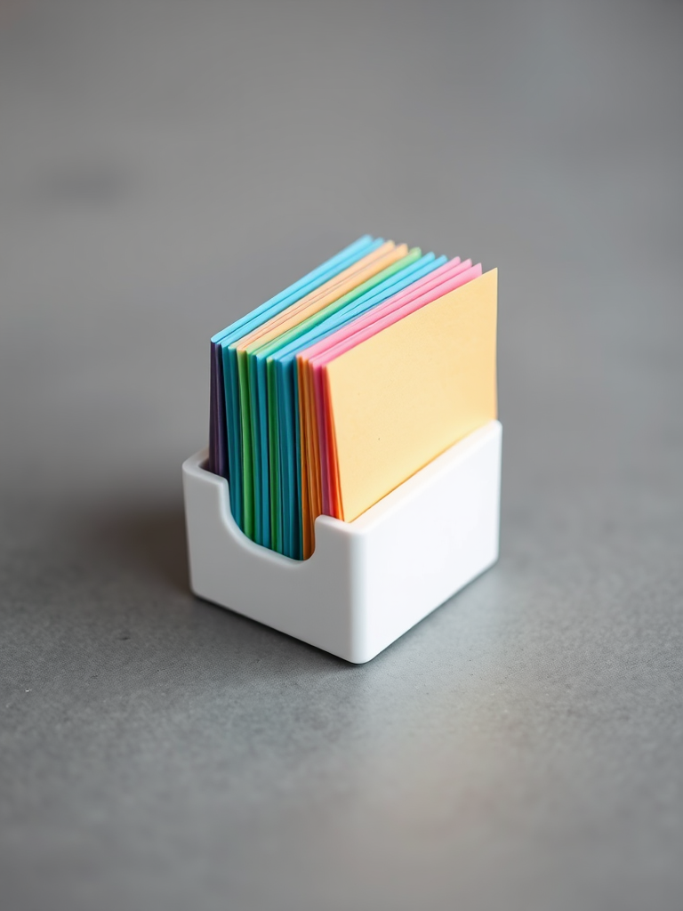 a stack of colorful sticky notes in a white holder on a smooth gray surface, shot with a DSLR camera at f/2.8 aperture, 50mm lens, ISO 100, in natural soft light with a shallow depth of field for enhanced focus and clarity
