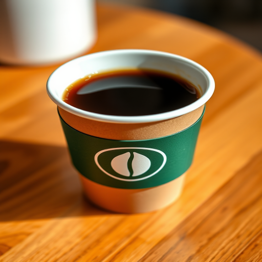 Regenerate a stylized coffee cup, featuring a green band with a coffee bean symbol, captured with a Canon EOS R, 50mm f/1.8 lens, ISO 100, aperture f/4, natural lighting, top-down view for enhanced detail and clarity.
