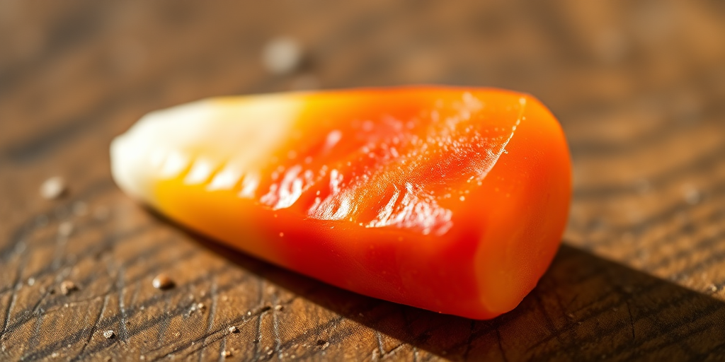 Create a high-resolution image of a candy corn piece with vibrant colors, using a DSLR camera, 50mm lens, f/2.8 aperture, ISO 100, and soft lighting from the side for an appealing highlight and shadow contrast.