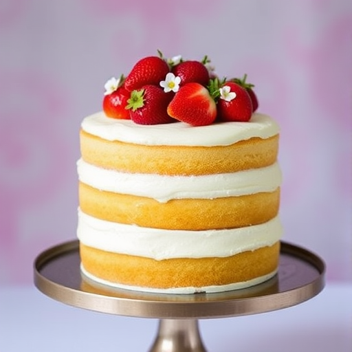Three-layer cake with cream frosting topped with fresh strawberries and small white flowers on a metallic cake stand with a blurred pastel background.