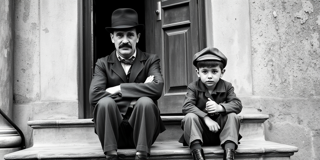 A black-and-white photograph of a man and a child sitting on steps in front of a doorway. The man is dressed as a tramp with a bowler hat, mustache, and ragged clothes, reminiscent of Charlie Chaplin's iconic look. He is sitting with his arms crossed and an expression of slight sadness or frustration. Next to him is a young boy, also in worn clothes and a cap, sitting with his hands clasped, looking thoughtful. The background is an old, textured wall and a partially open door, creating a vintage, early 20th-century atmosphere.