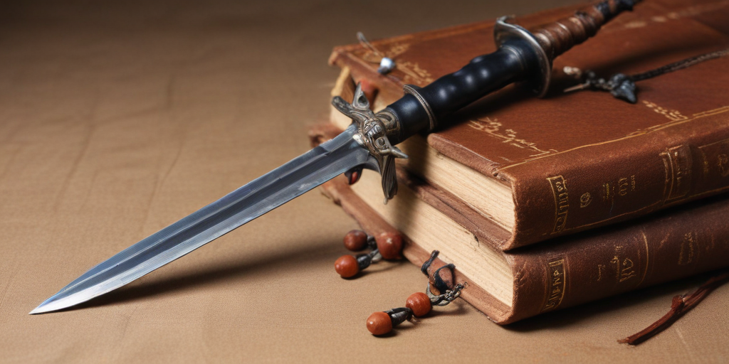 Rustic Sword Read a medieval sword, old leather books and a rosary