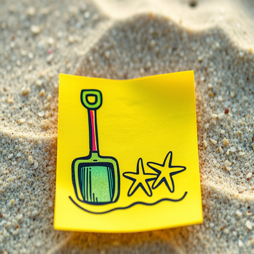 Create a vibrant illustration of a beach scene on a yellow sticky note with a simple drawing style, featuring a shovel and a starfish in the sand, using a DSLR camera with a 50mm lens, f/1.8 aperture, and a shallow depth of field to enhance the colors and focus on the details.