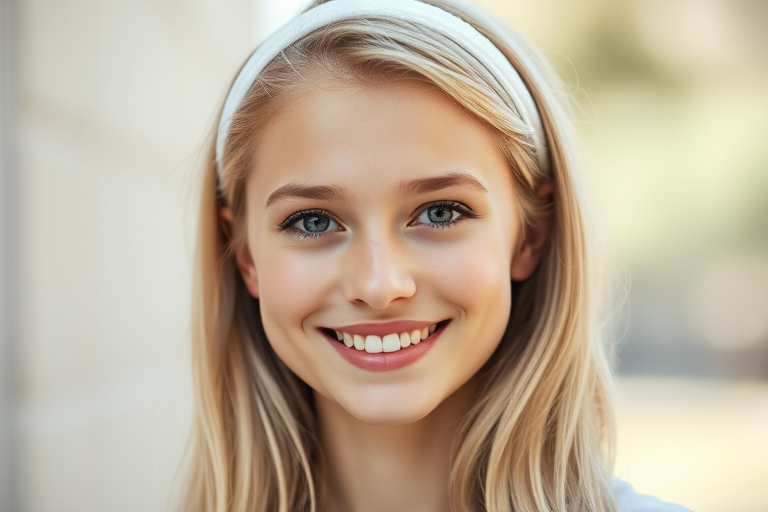 Create a portrait of a smiling young woman with blonde hair and a white headband, soft natural lighting, 50mm lens, aperture f/1.8, ISO 100, shot in a shallow depth of field, soft focus background, use a Canon DSLR for high image quality.