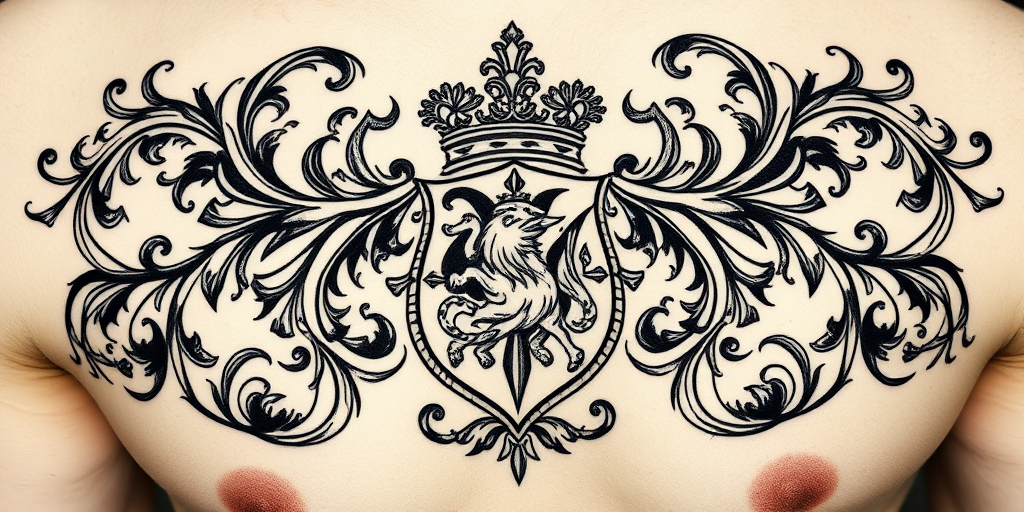 Ornamental blackwork tattoo dubbed "Royal Insignia" featuring elaborate filigree patterns and heraldic symbols reminiscent of medieval coats of arms