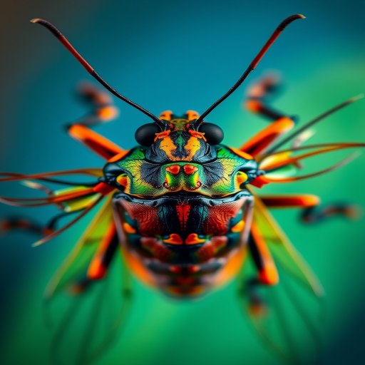 Create a highly detailed illustration of a cicada from a top-down perspective with vibrant colors and clear lines, using a macro lens with a shallow depth of field at f/2.8, ISO 100, 1/200 sec exposure, shot with a DSLR camera to enhance image quality.