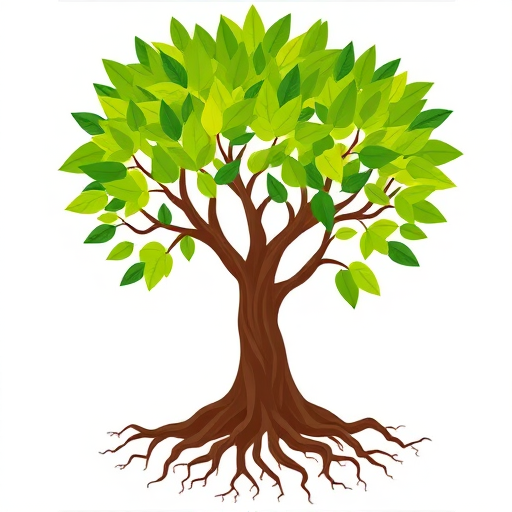 Create a vibrant illustration of a stylized tree with lush green leaves and intricate roots, using a DSLR camera with a 50mm lens at f/2.8, ISO 100, and a focus on a clean white background for enhanced contrast.