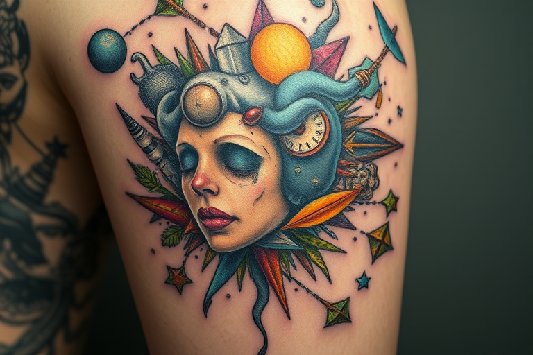 Surrealist tattoo named "Dream Fusion" combining disparate elements in unexpected ways creating a dreamlike scene with distorted perspectives and impossible juxtapositions