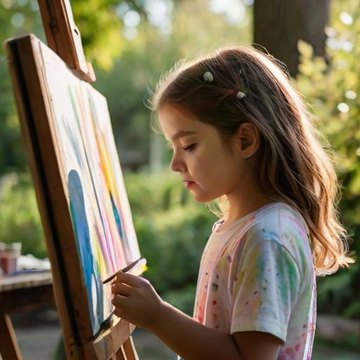 Blurry candid shot of a young girl painting at an easel in a sunlit backyard, with colorful splashes of paint on her clothes and soft shadows playing in the background.