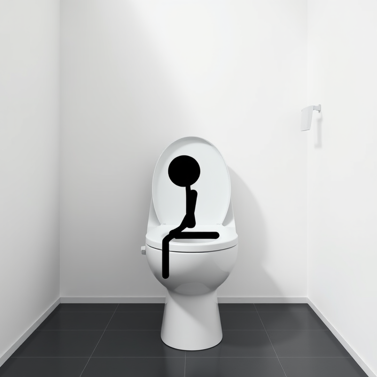 Create an illustration of a minimalist toilet design with a side view of a stick figure seated, using high contrast colors, 4K resolution, shot with a DSLR camera at f/2.8 aperture, 35mm lens, natural lighting, and a shallow depth of field.