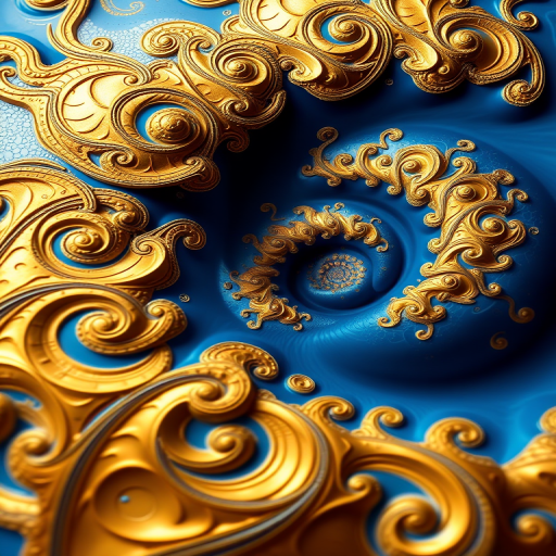 Create a high-resolution fractal image featuring intricate swirling patterns in blue and gold, with a macro lens effect, using a Canon EOS 5D Mark IV, f/11, ISO 100, 1/125 sec, and a wide-angle view to enhance depth and detail.