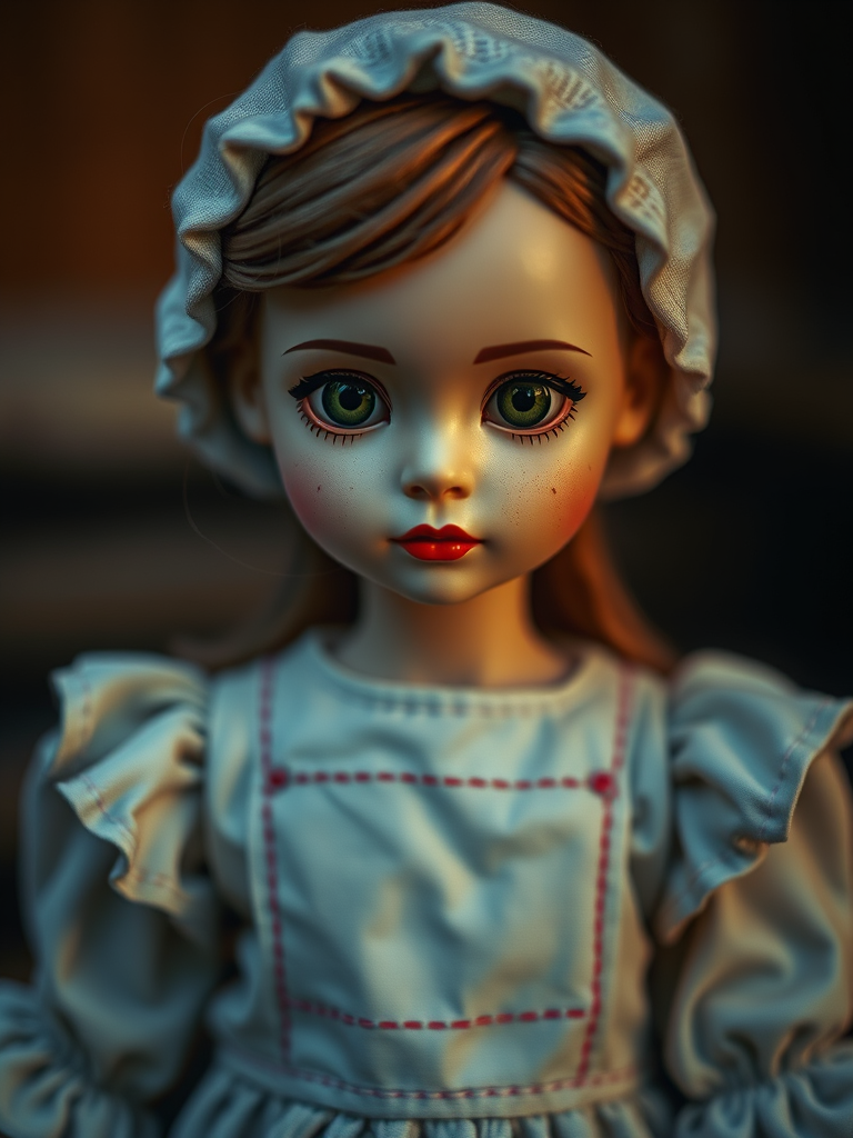 Portrait of a doll-like figure with stitched features and an expressive gaze, utilizing a Canon EOS R5, 50mm lens, f/1.8 aperture, 1/200s shutter speed, soft diffused lighting, and warm color tones for a painterly effect.
