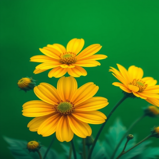 create a vibrant illustration of flowers with yellow and green shades against a deep green background, using a macro lens, f/2.8 aperture, 100mm focal length, soft focus style, high-resolution digital camera