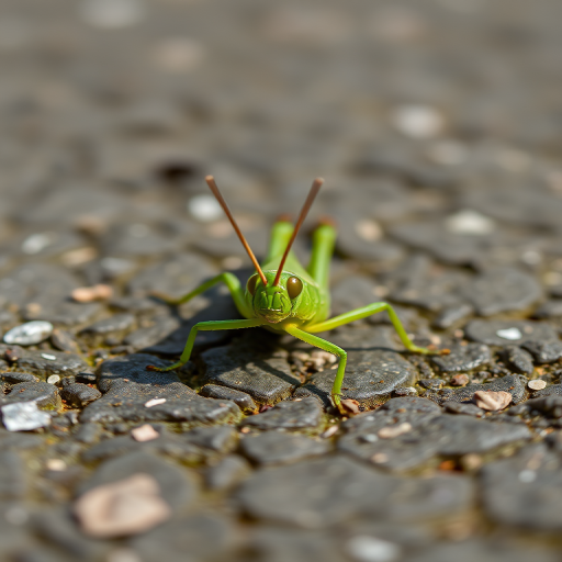 close-up of a green grasshopper on textured pavement with shallow depth of field, 50mm lens, f/2.8 aperture, ISO 200, natural light, macro photography, DSLR camera