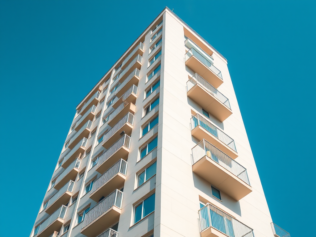 modern apartment building with clean lines and balconies against a clear blue sky, shot with a 35mm lens at f/8, ISO 100, shutter speed 1/200s, low angle view, taken with a DSLR camera for sharp detail and vibrant colors