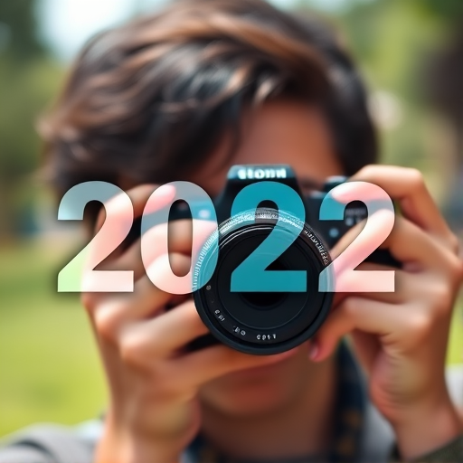 Create a vivid image of a person holding a camera to their face, with the year "2022" artistically integrated in the foreground, shot with a DSLR camera at f/2.8, ISO 100, and a shutter speed of 1/200s, using a shallow depth of field for a blurred background, and natural lighting for optimal clarity.