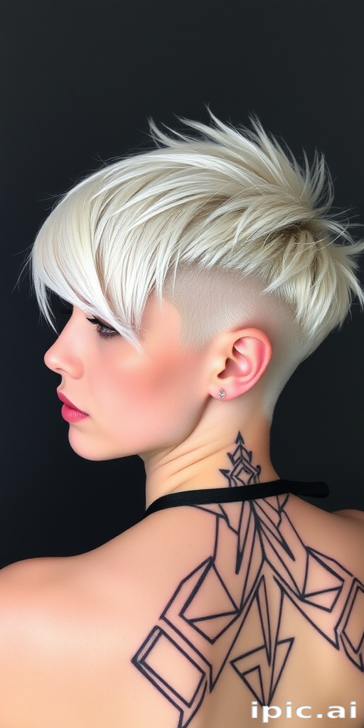 Striking platinum blonde pixie cut with asymmetrical bangs and edgy undercut, featuring intricate geometric patterns shaved into the sides, exuding a futuristic and avant-garde vibe called Cyberpunk Pixel
