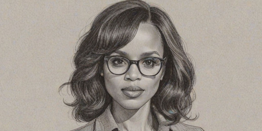 Splendid Kerry Washington, pencil sketch, portrait of Exquisite woman 1976s in glasses, hair style beatnik, outline, clear lines, fine lines, 8k