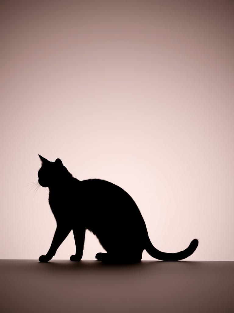 Generate a high-resolution image of a stylized cat silhouette on a solid background, shot with a DSLR camera at f/2.8 aperture, ISO 100, 50mm lens, in a soft focus style for a smooth and artistic effect.