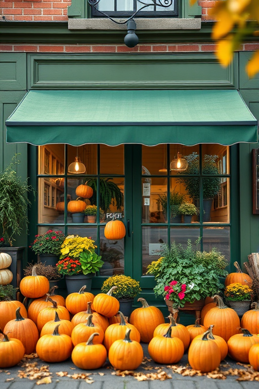 create a quaint storefront with a green awning and large windows displaying plants, surrounded by pumpkins in various sizes, warm autumn colors, soft focus background, shot with a Canon EOS 5D Mark IV, 50mm lens, f/2.8 aperture, natural light, slightly elevated angle for depth.