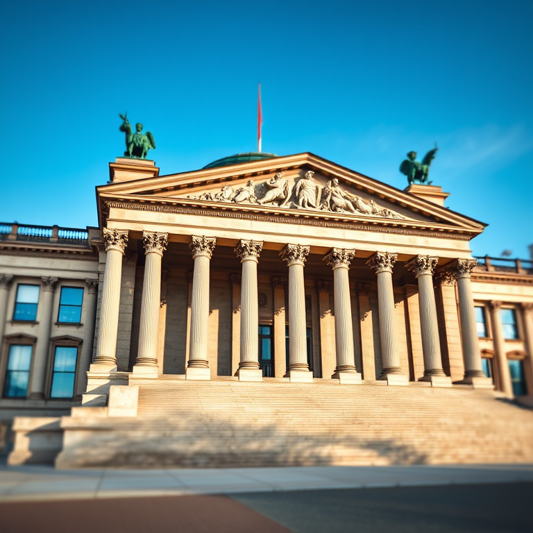 Regenerate an artistic rendition of the Reichstag building in Berlin, showcasing its grand facade with detailed columns and sculptures, use a Canon EOS 5D Mark IV camera, 24mm lens, f/8 aperture, 1/125 sec shutter speed, capture in daylight, with a slight tilt-shift effect for depth.