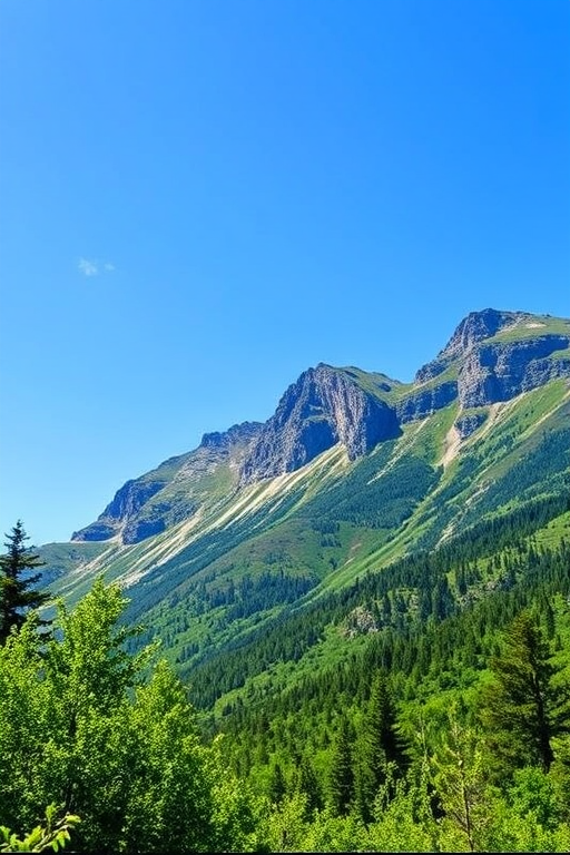 Generate a high-resolution image of a serene mountain landscape with a clear blue sky and lush greenery, using a DSLR camera with a 24mm lens, aperture set to f/8, ISO 100, shutter speed of 1/200s, in natural light, captured from a wide-angle perspective to enhance depth and detail.