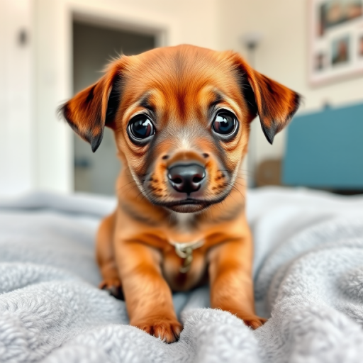 Cute brown puppy with big expressive eyes sitting on a soft gray blanket in a well-lit room, looking directly at the camera with an adorable expression.