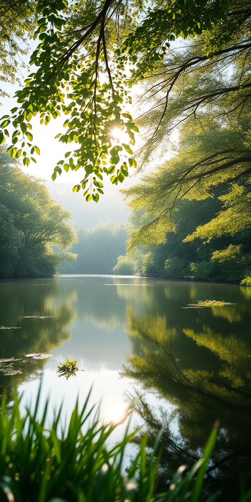 Generate a high-resolution image of a serene landscape featuring a tranquil lake surrounded by lush greenery, soft sunlight filtering through the leaves, with a focus on the reflection in the water, shot with a DSLR camera, 50mm lens, aperture f/1.8, shutter speed 1/125, ISO 100, in portrait orientation.