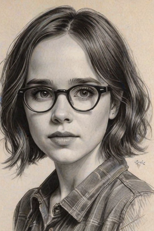 Charming Ellen Page, pencil sketch, portrait of Bewitching woman 1931s in glasses, hair style beatnik, outline, clear lines, fine lines, 8k