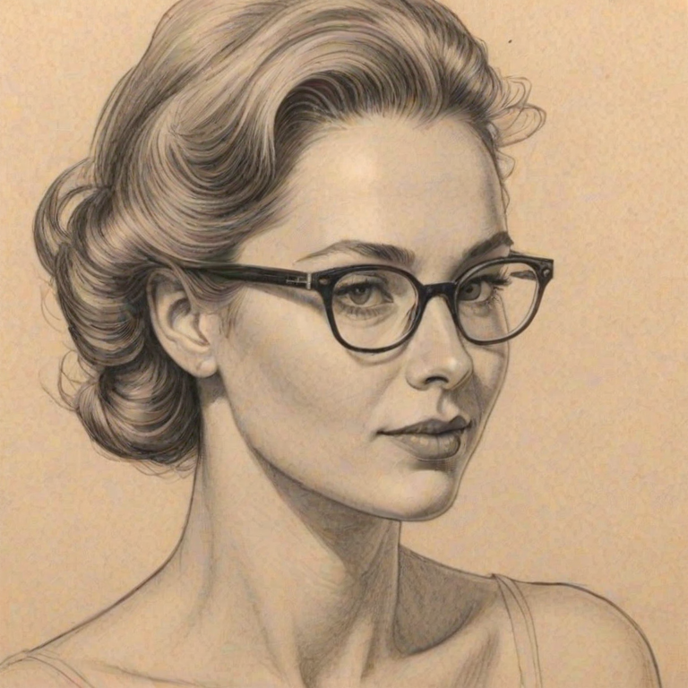 Enticing Courtney Peldon, pencil sketch, portrait of Resplendent woman 1949s in glasses, hair style beatnik, outline, clear lines, fine lines, 8k