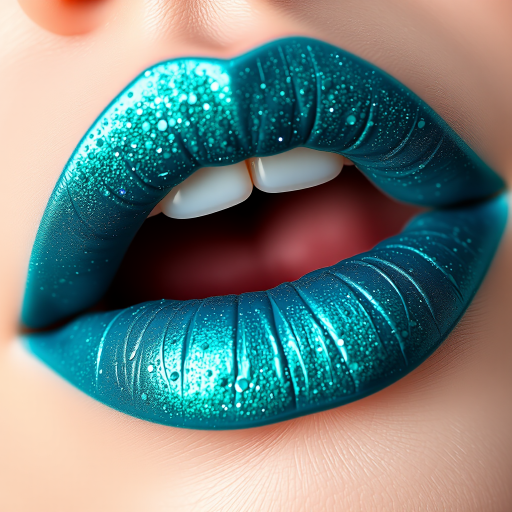Enchanting "Mermaid Teal" lips shimmering with an aquatic blue-green hue, adorned with subtle glitter for an underwater allure