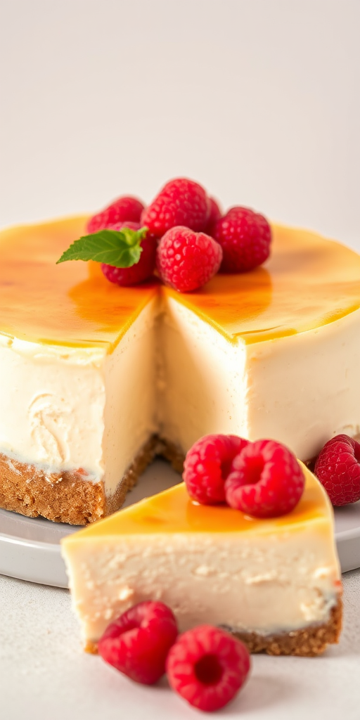 Create an image of a creamy cheesecake with a golden brown caramelized top and a slice taken out to reveal its smooth texture inside. Garnish the cheesecake with fresh raspberries on top and around the base. The background should be simple and neutral to highlight the dessert.