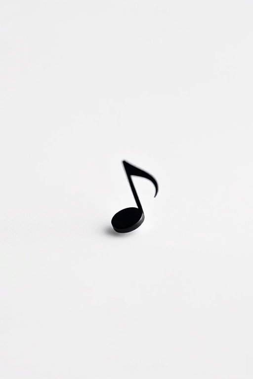 Create a high-resolution image of a single musical note on a clean white background, using a DSLR camera with a 50mm lens, aperture set to f/2.8, ISO 100, and a shallow depth of field to focus on the note while softly blurring the background.