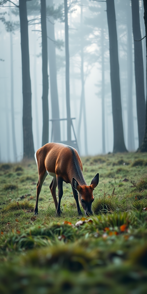 A deer grazing in a misty forest with tall trees, a hunting stand in the background, soft morning light, f/2.8 aperture, 50mm lens, ISO 100, shot from a low angle for depth, using a DSLR camera in portrait orientation.