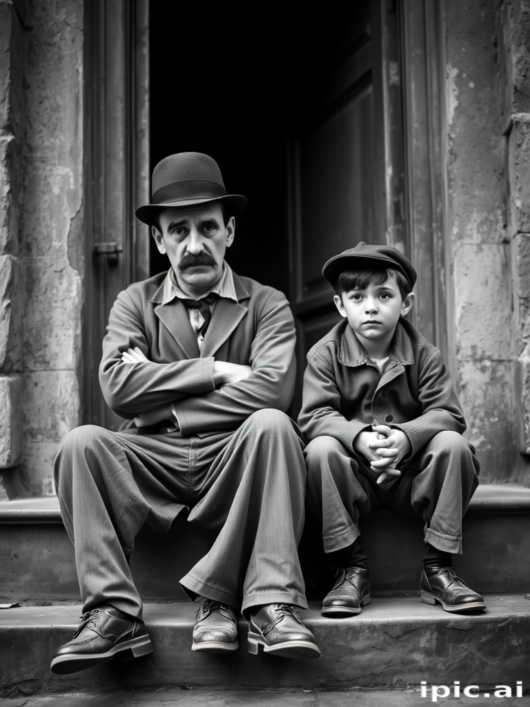 A black-and-white photograph of a man and a child sitting on steps in front of a doorway. The man is dressed as a tramp with a bowler hat, mustache, and ragged clothes, reminiscent of Charlie Chaplin's iconic look. He is sitting with his arms crossed and an expression of slight sadness or frustration. Next to him is a young boy, also in worn clothes and a cap, sitting with his hands clasped, looking thoughtful. The background is an old, textured wall and a partially open door, creating a vintage, early 20th-century atmosphere.