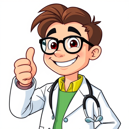 Create a cartoonish illustration of a smiling doctor in a white coat with a stethoscope, thumbs up gesture, bright colors, high contrast, using a DSLR camera with a 35mm lens, aperture f/4, ISO 200, in bright daylight to enhance image clarity and quality.