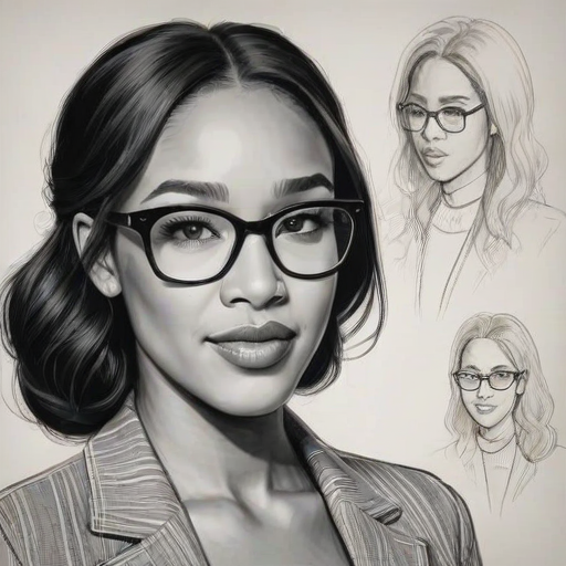 Bewitching Candice Patton, pencil sketch, portrait of Appealing woman 1960s in glasses, hair style beatnik, outline, clear lines, fine lines, 8k
