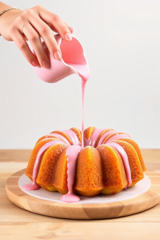 A person pouring pink sauce over a yellow bundt cake on a wooden surface with a light background.