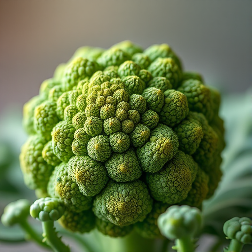 Create a high-resolution 3D render of a fresh broccoli head with vibrant green colors, soft natural lighting, a macro lens setting, a shallow depth of field effect, captured from a low-angle view using a DSLR camera.