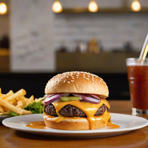 High-resolution, close-up image of a gourmet double cheeseburger. The burger features a glossy, sesame-seed-topped brioche bun. Inside, there are two thick, juicy beef patties, each topped with melted cheddar cheese. The burger is garnished with fresh lettuce, tomato slices, diced onions, and pickles. A generous amount of ketchup and a creamy, orange-colored sauce is dripping down the sides, adding to the mouth-watering appeal. In the background, there are blurred elements including a side of golden French fries and a hint of a beverage, enhancing the overall presentation of a delicious meal.