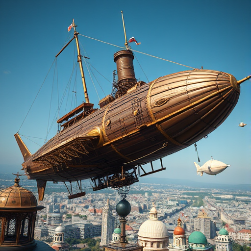 Create a detailed steampunk airship flying above a city, with intricate metalwork and brass elements, shot from a low angle perspective using a DSLR camera at f/8 aperture, ISO 100, and a shutter speed of 1/250 sec for enhanced clarity and depth.