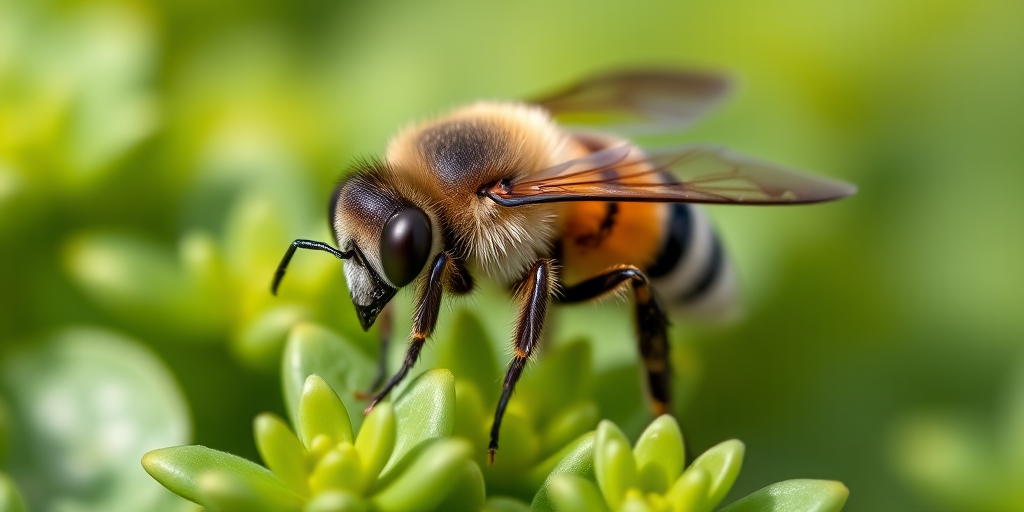 macro shot of a bee on green foliage with a shallow depth of field, captured with a Canon EOS 90D, 100mm f/2.8 macro lens, ISO 200, f/4 aperture, 1/200 sec shutter speed, natural light, focus on the bee's eyes and wings for detail