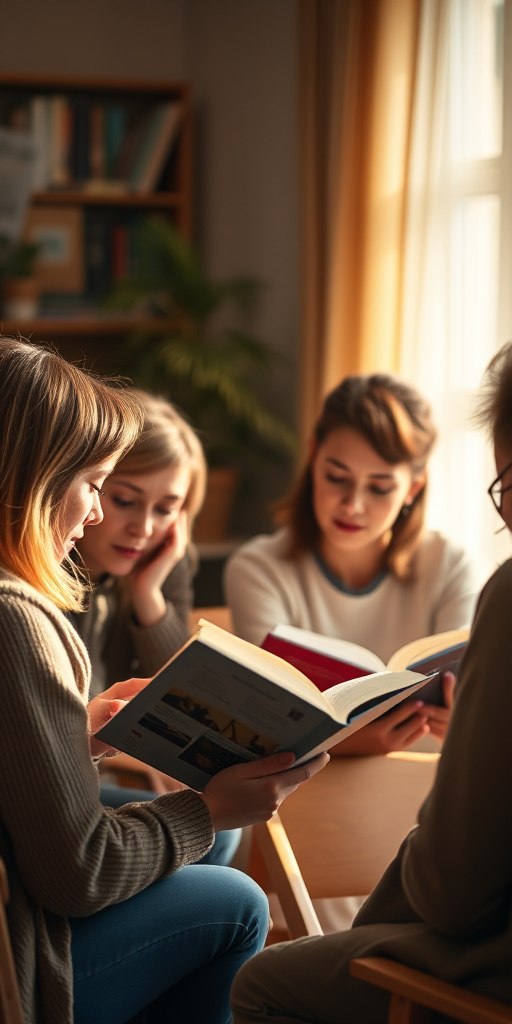 capture a warm group reading scene with soft, natural lighting, f/2.8 aperture, ISO 200, 50mm lens, shallow depth of field, taken with a DSLR camera from a slightly elevated angle for depth
